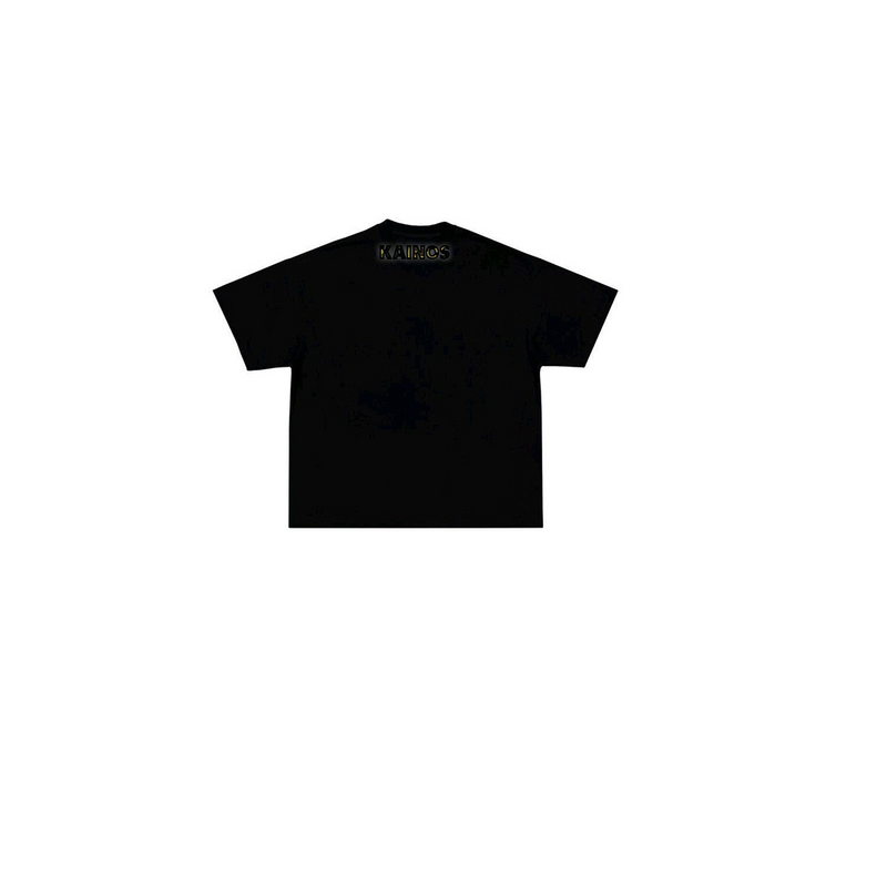 Back of the black RETIRED FOR THE WEEK. T-shirt with KAINOS at the neck