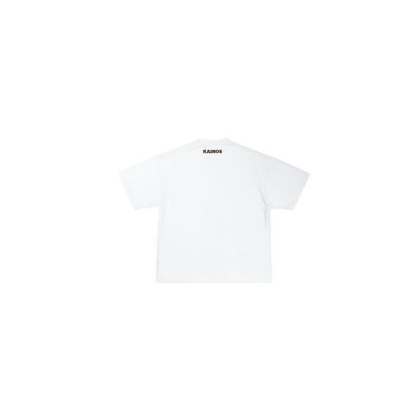 Back of the white cheetah-print RETIRED FOR THE WEEK. T-shirt with KAINOS at the neck