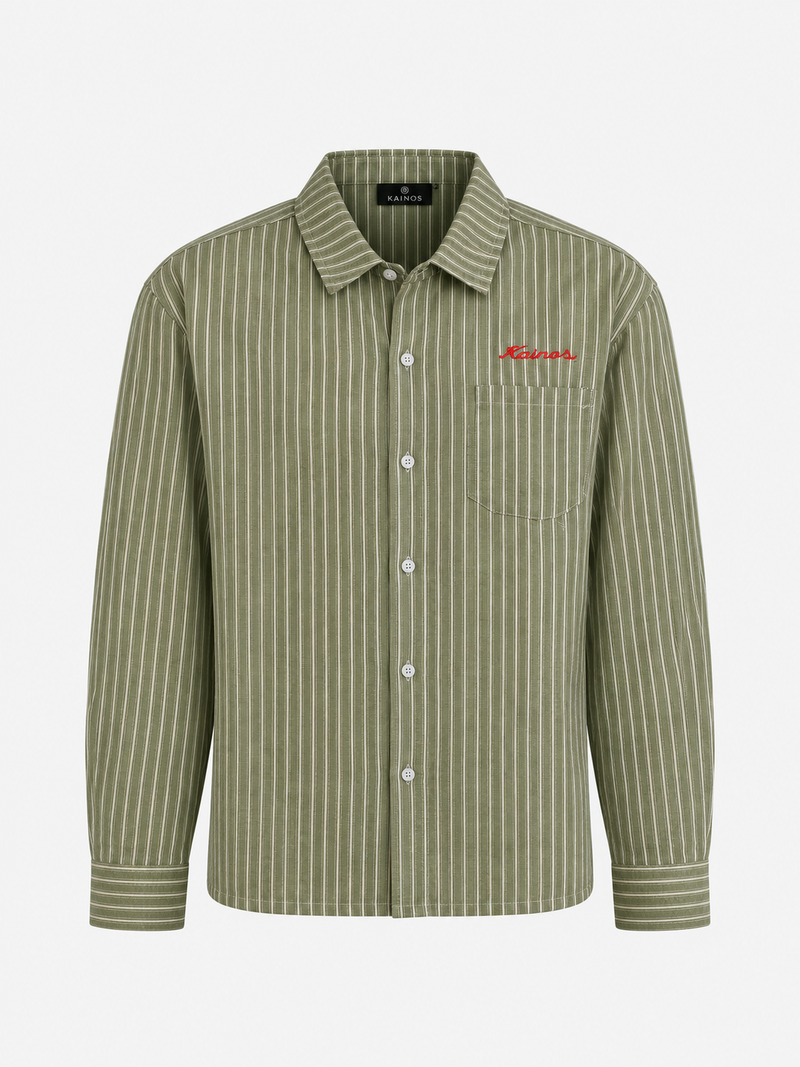Olive green and white striped long-sleeve button-up shirt with a chest pocket and KAINOS embroidered in red script on the chest