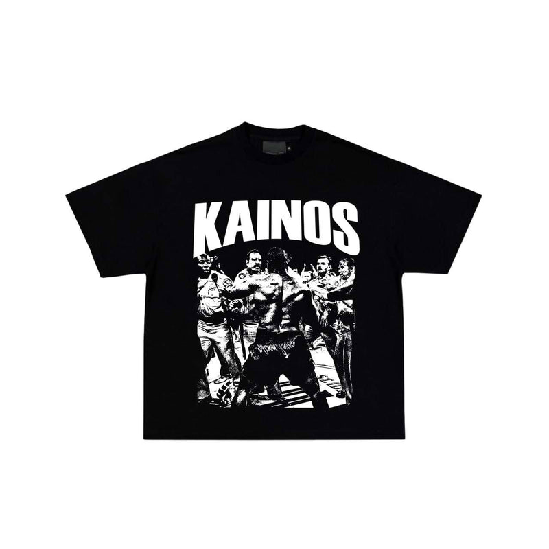 Black T-shirt printed with KAINOS in white above a black and white illustration of a street boxing scene