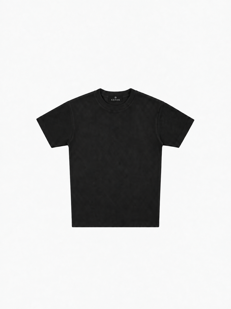 Black fitted cotton T-shirt with a small KAINOS label at the neck