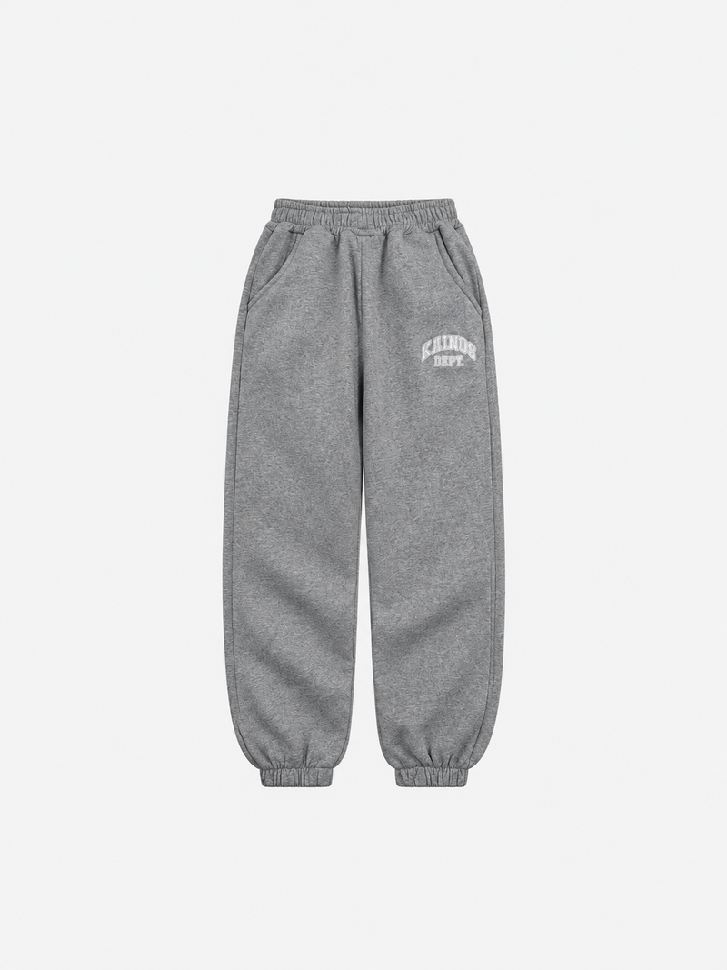 Grey marl sweatpants with elastic cuffed ankles and KAINOS DEPT. in white varsity lettering on the thigh