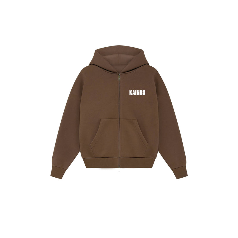 Coffee brown zip-up hoodie with a kangaroo pocket and KAINOS in small white lettering on the chest