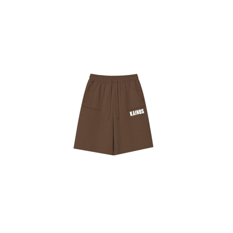 Coffee brown cotton sweat shorts with KAINOS embroidered in white on the leg