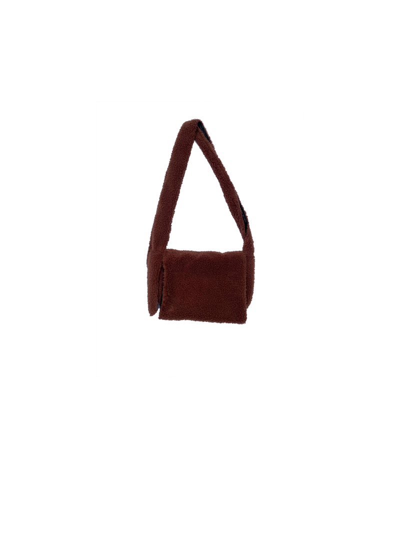 Mocha brown textured shoulder bag with a wide strap