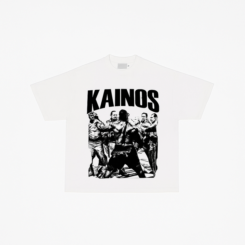 White T-shirt printed with KAINOS above a black and white illustration of a street boxing scene