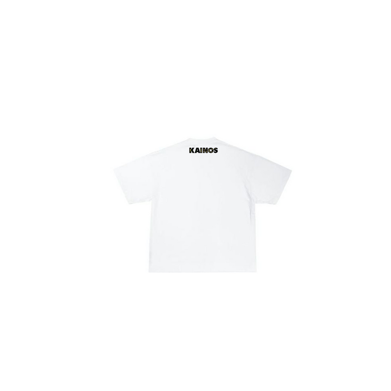 Back of the white RETIRED FOR THE WEEK. T-shirt with KAINOS at the neck