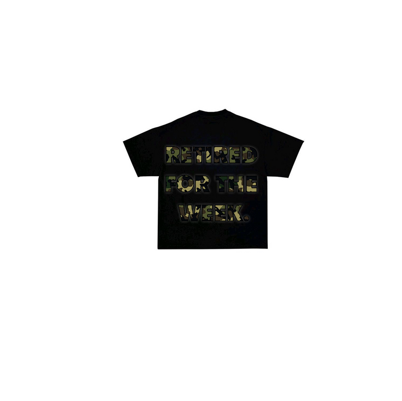 Black T-shirt printed with RETIRED FOR THE WEEK. in camouflage-filled lettering