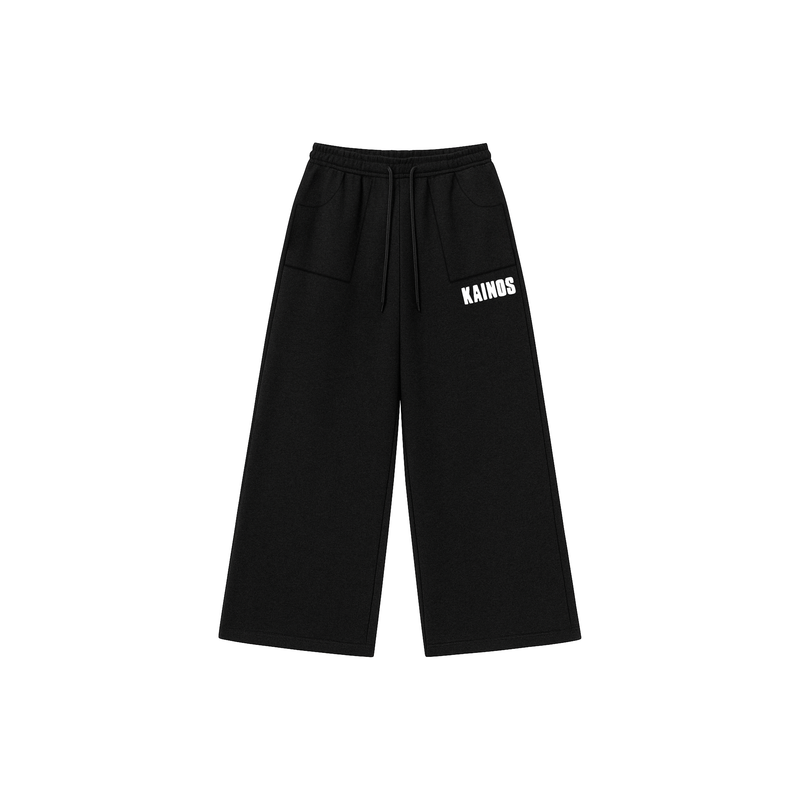 Black wide-leg cotton sweatpants with a drawstring waist and KAINOS embroidered in white on the leg