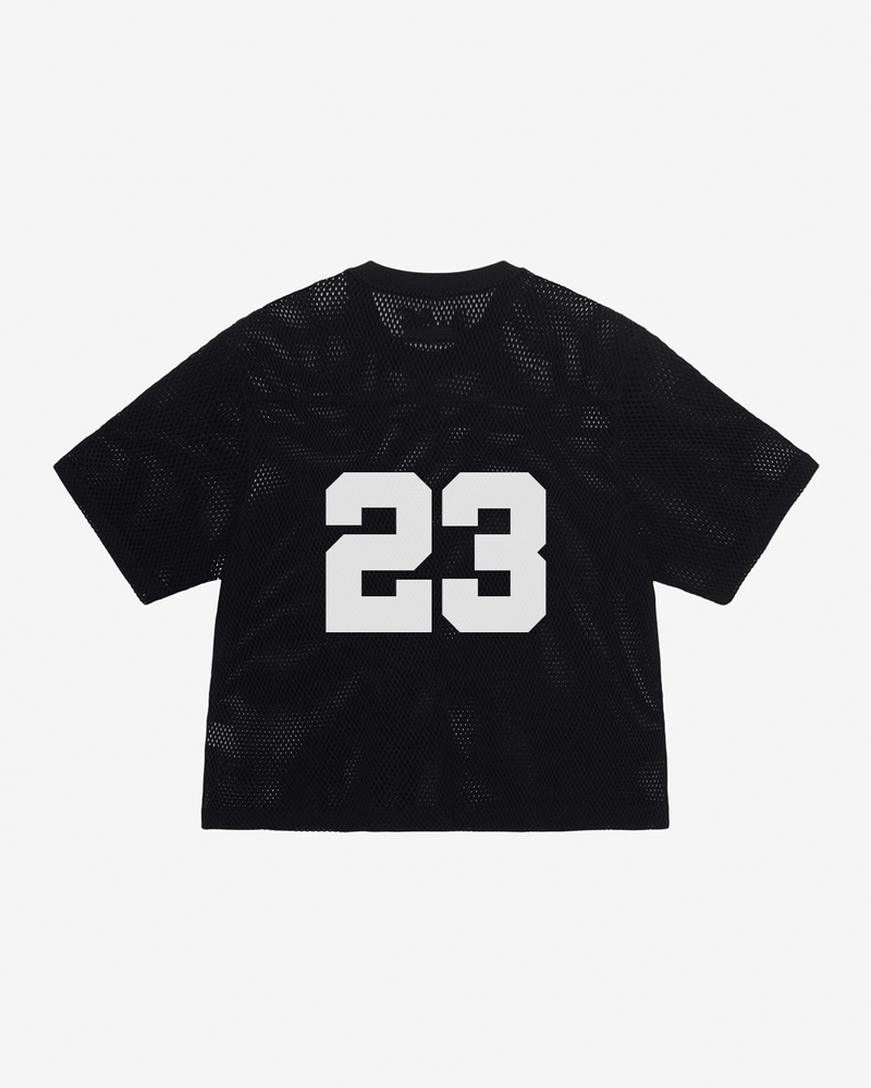 Back of the black mesh short-sleeve T-shirt