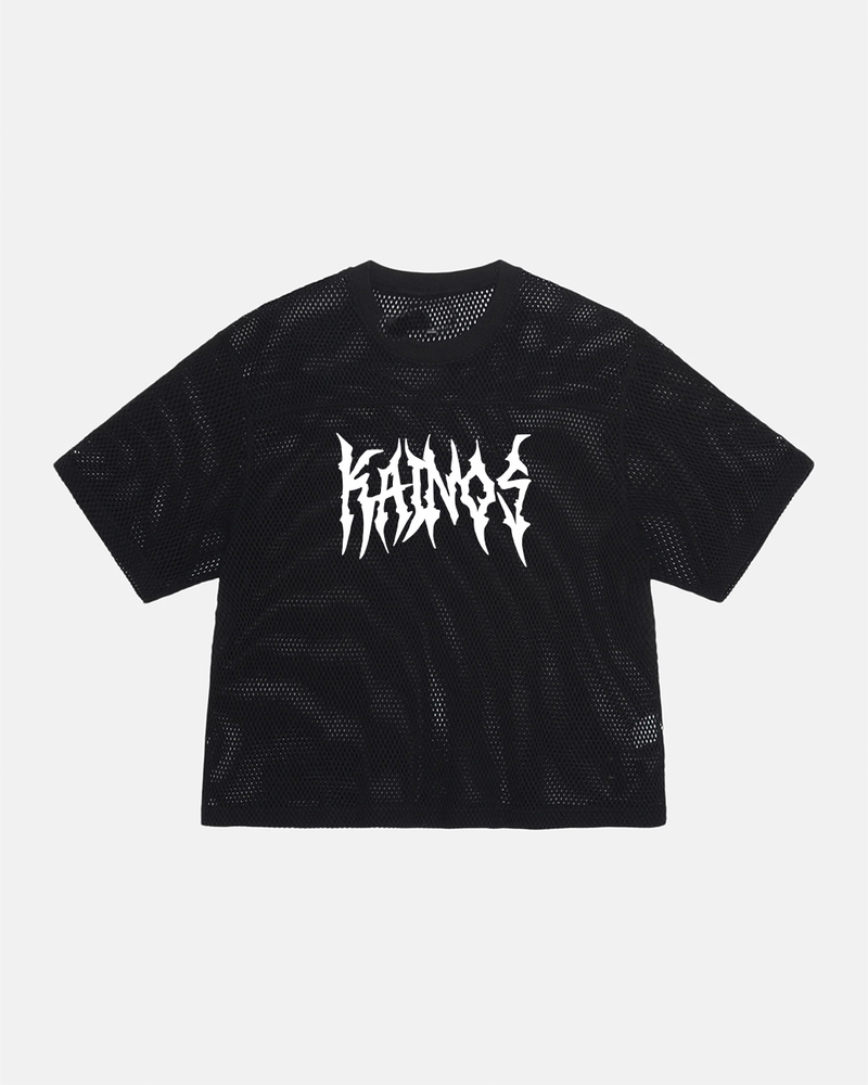 Black mesh short-sleeve T-shirt with KAINOS in white gothic lettering across the chest