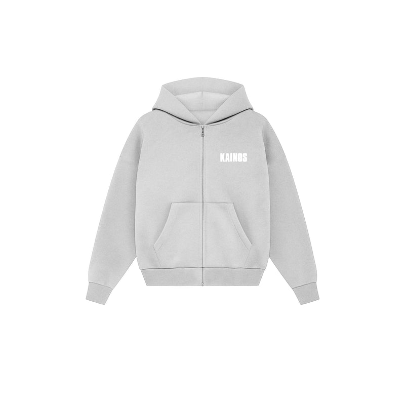Light grey zip-up hoodie with a kangaroo pocket and KAINOS in small white lettering on the chest