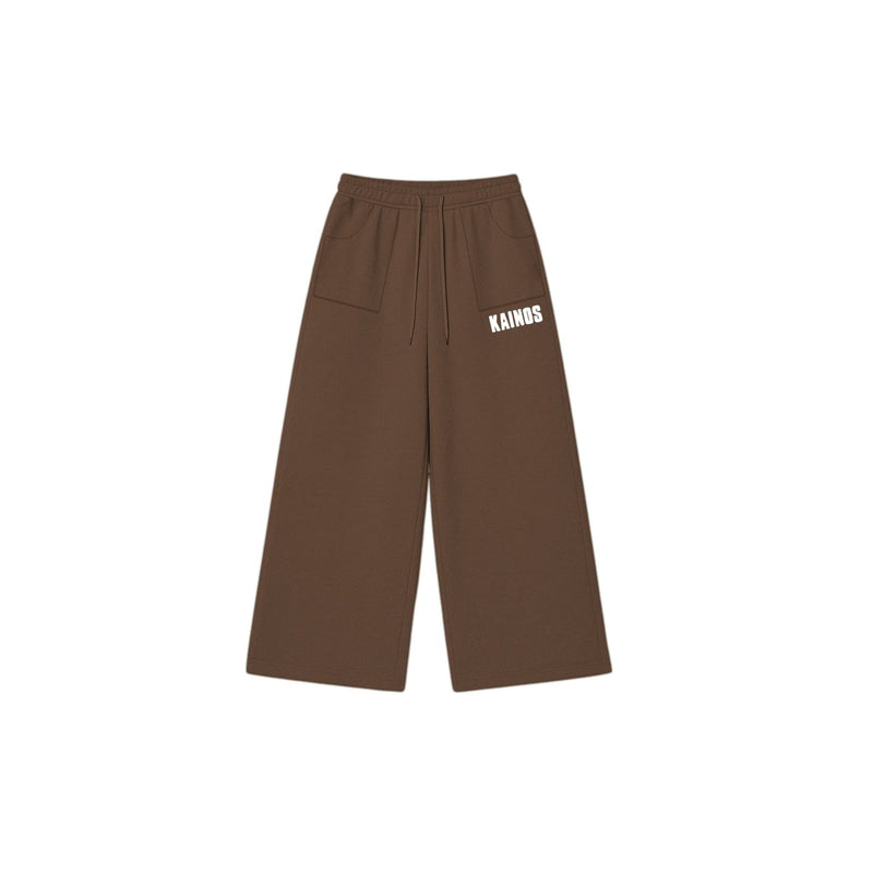 Coffee brown wide-leg cotton sweatpants with a drawstring waist and KAINOS embroidered in white on the leg
