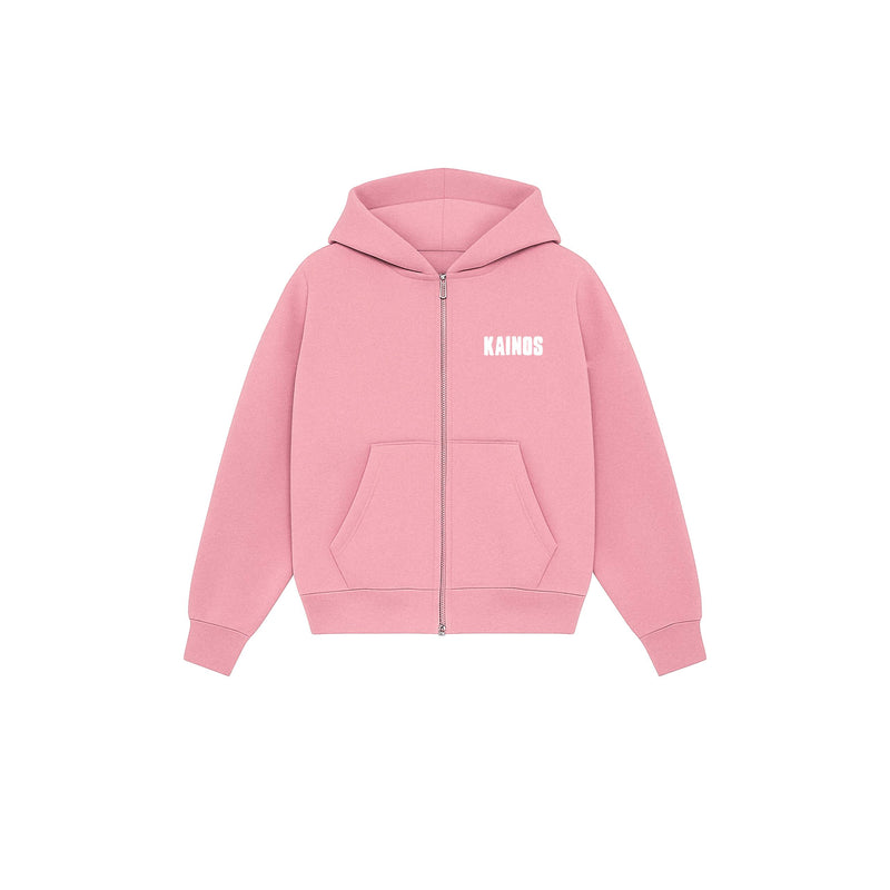 Pink zip-up hoodie with a kangaroo pocket and KAINOS in small white lettering on the chest