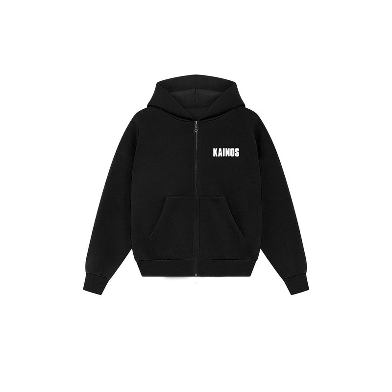 Black zip-up hoodie with a kangaroo pocket and KAINOS in small white lettering on the chest