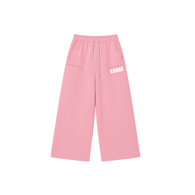 Pink wide-leg cotton sweatpants with a drawstring waist and KAINOS embroidered in white on the leg